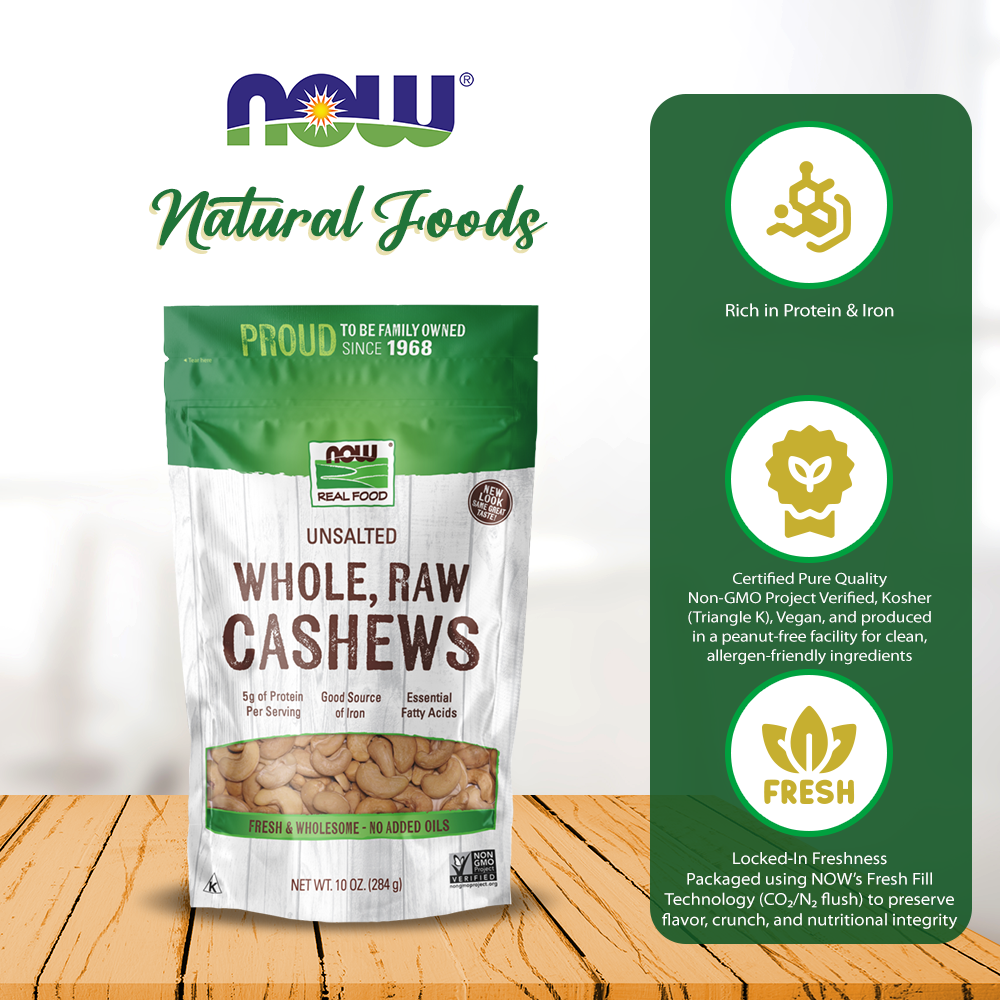 NOW Foods, Whole Cashews, Raw and Unsalted, Source of Fiber, Protein, Iron and Essential Fatty Acids, 10-Ounce (284g) Natural Foods NOW Foods USA