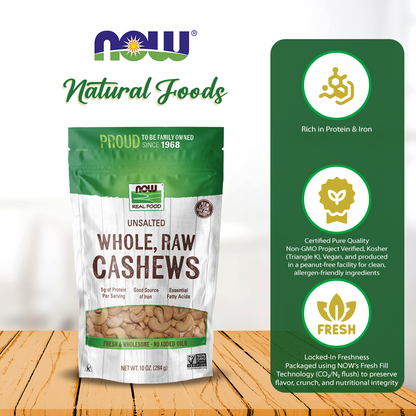 NOW Foods, Whole Cashews, Raw and Unsalted, Source of Fiber, Protein, Iron and Essential Fatty Acids, 10-Ounce (284g) Natural Foods NOW Foods USA