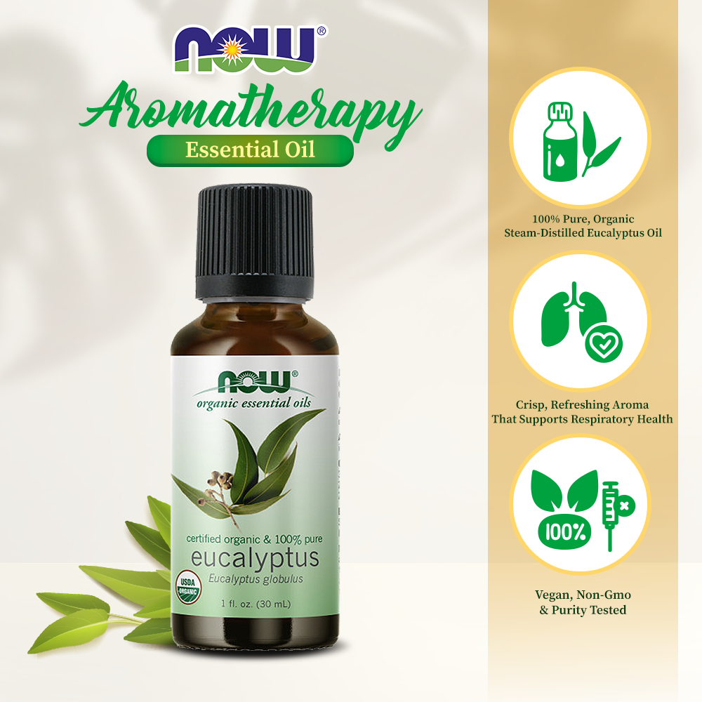 NOW Essential Oils, Organic Eucalyptus Globulus Oil, Clarifying Aromatherapy Scent, Steam Distilled, 100% Pure, Vegan, Child Resistant Cap, 1-Ounce (30ml) Essential oils NOW Foods USA