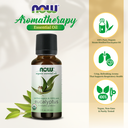 NOW Essential Oils, Organic Eucalyptus Globulus Oil, Clarifying Aromatherapy Scent, Steam Distilled, 100% Pure, Vegan, Child Resistant Cap, 1-Ounce (30ml) Essential oils NOW Foods USA