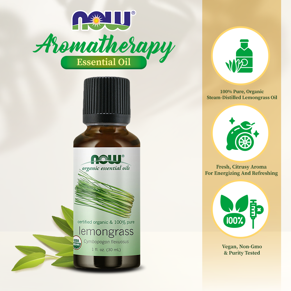 NOW Essential Oils, Organic Lemongrass Oil, Uplifting Aromatherapy Scent, Steam Distilled, 100% Pure, Vegan, Child Resistant Cap, 1-Ounce (30ml) Essential oils NOW Foods USA