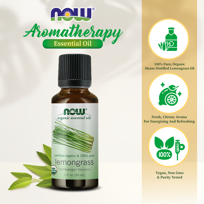 NOW Essential Oils, Organic Lemongrass Oil, Uplifting Aromatherapy Scent, Steam Distilled, 100% Pure, Vegan, Child Resistant Cap, 1-Ounce (30ml) Essential oils NOW Foods USA