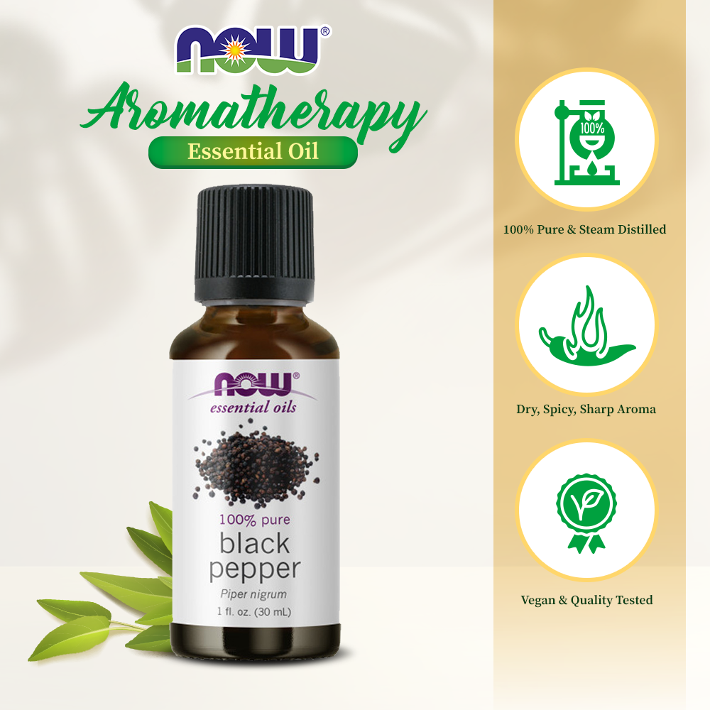 NOW Essential Oils, Black Pepper Oil, Spicy Aromatherapy Scent, Steam Distilled, 100% Pure, Vegan, Child Resistant Cap, 1-Ounce (30ml) Essential oils NOW Foods USA