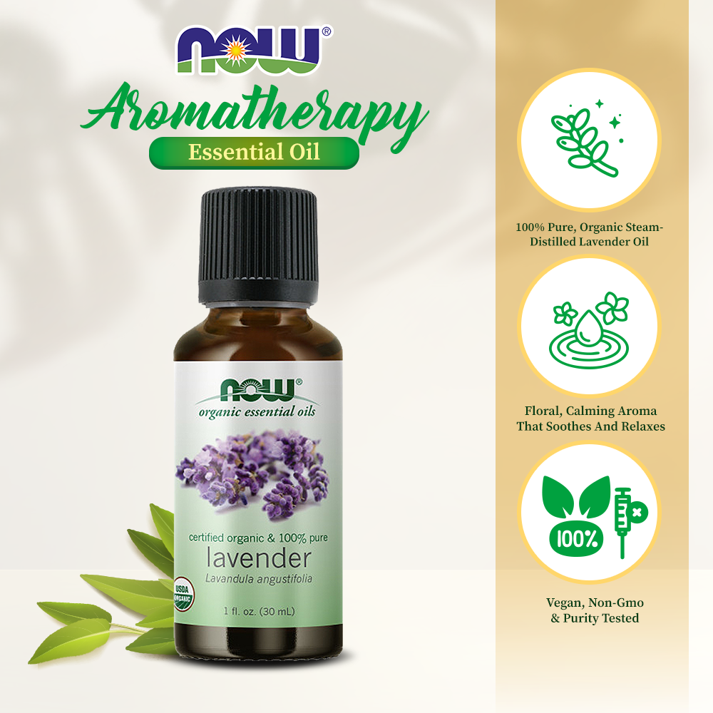 NOW Essential Oils, Organic Lavender Oil, Soothing Aromatherapy Scent, Steam Distilled, 100% Pure, Vegan, Child Resistant Cap, 1-Ounce (30ml) Essential oils NOW Foods USA