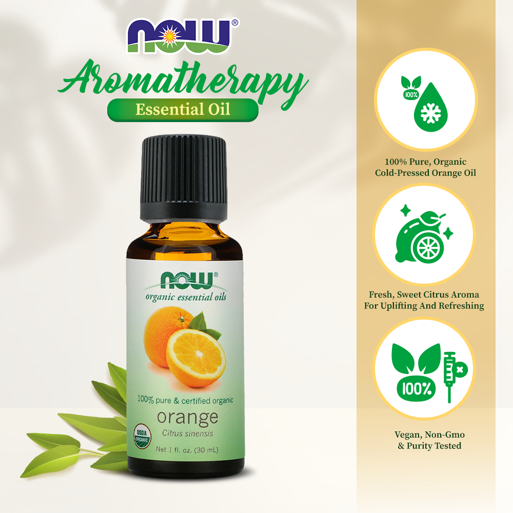NOW Essential Oils, Organic Orange Oil, Uplifting Aromatherapy Scent, Cold Pressed, 100% Pure, Vegan, Child Resistant Cap, 1-Ounce (30ml) Essential oils NOW Foods USA