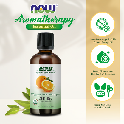 NOW Essential Oils, Organic Orange Oil, Uplifting Aromatherapy Scent, Cold Pressed, 100% Pure, Vegan, Child Resistant Cap, 4-Ounce (30ml) (118 ml) Essential oils NOW Foods USA