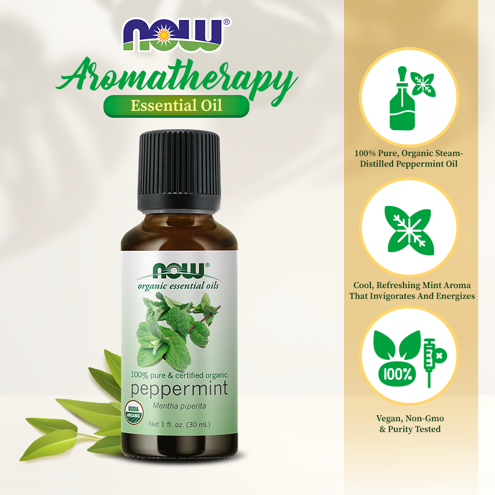 NOW Essential Oils, Organic Peppermint Oil, Invigorating Aromatherapy Scent, Steam Distilled, 100% Pure, Vegan, Child Resistant Cap, 1-Ounce (30ml) Essential oils NOW Foods USA
