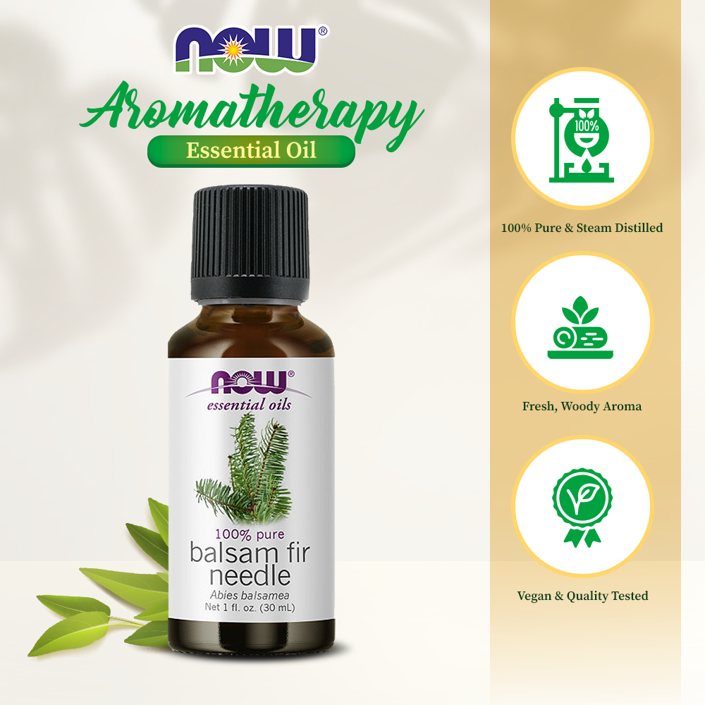 NOW Essential Oils, Balsam Fir Needle Oil, Woodsy Aromatherapy Scent, Steam Distilled, 100% Pure, Vegan, Child Resistant Cap, 1-Ounce (30ml) Essential oils NOW Foods USA