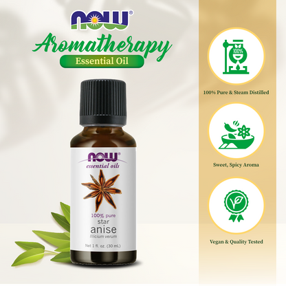 NOW FOODS Essential Oils, Anise Oil, Balancing Aromatherapy Scent, Steam Distilled, 100% Pure, Vegan, Child Resistant Cap, 1-Ounce (30 ml) Essential oils NOW Foods USA