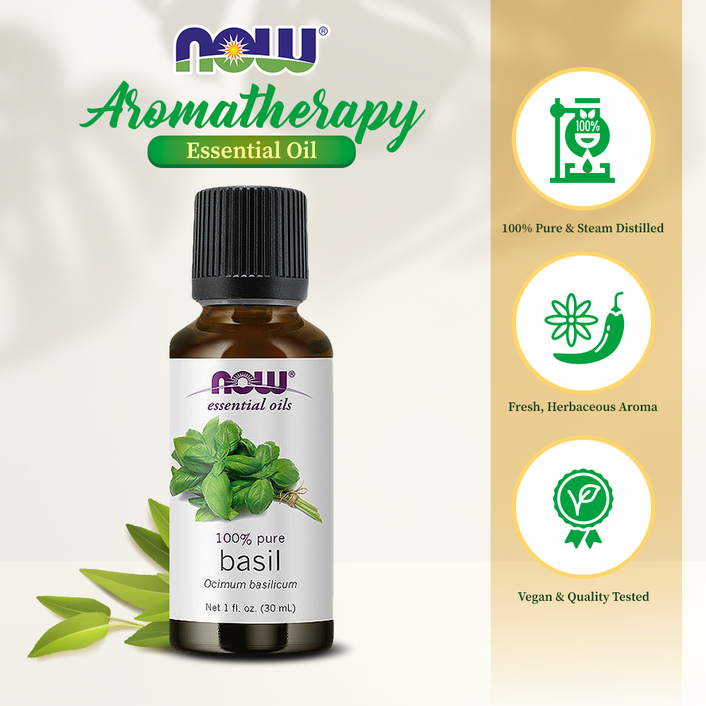 NOW Essential Oils, Basil Oil, Energizing Aromatherapy Scent, Stream Distilled, 100% Pure, Vegan, Child Resistant Cap, 1-Ounce (30ml) Essential oils NOW Foods USA