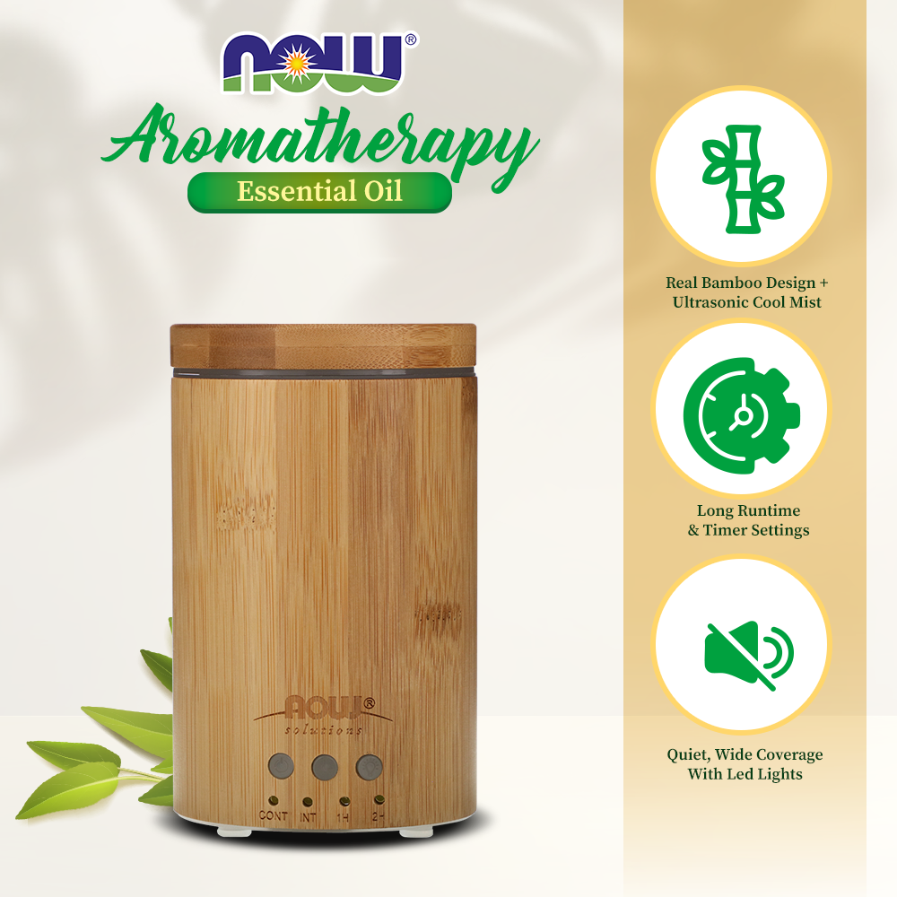 NOW Essential Oils, Ultrasonic Real Bamboo Aromatherapy Oil Diffuser, Extremely Quiet, Heat Free and Easy to Clean, Color Changing LED Diffuser Diffuser NOW Foods USA