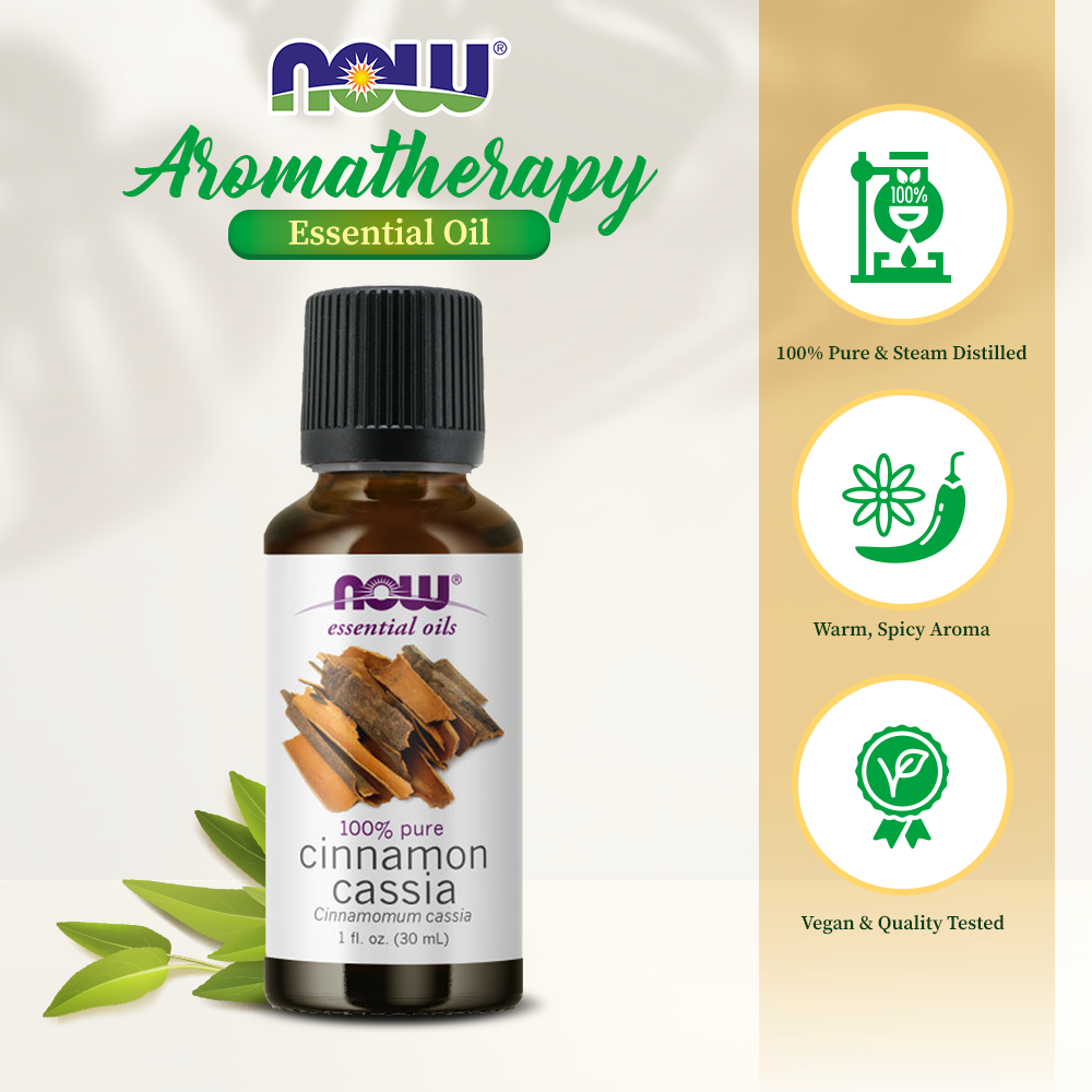 NOW FOODS Essential Oils, Cinnamon Cassia Oil, Warming Aromatherapy Scent, Steam Distilled, 100% Pure, Vegan, Child Resistant Cap, 1-Ounce (30 ml) Essential oils NOW Foods USA