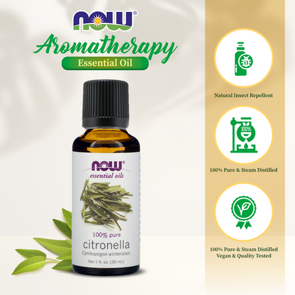 NOW Essential Oils, Citronella Oil, Freshening Aromatherapy Scent, Steam Distilled, 100% Pure, Vegan, Child Resistant Cap, 1-Ounce (30 ml) Essential oils NOW Foods USA