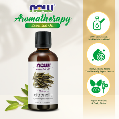 NOW Essential Oils, Citronella Oil, Freshening Aromatherapy Scent, Steam Distilled, 100% Pure, Vegan, Child Resistant Cap, 4-Ounce (118 ml) Essential oils NOW Foods USA