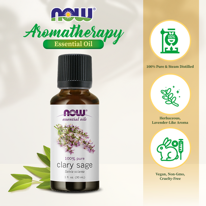 NOW Essential Oils, Clary Sage Oil, Focusing Aromatherapy Scent, Steam Distilled, 100% Pure, Vegan, Child Resistant Cap, 1-Ounce (30ml) Essential oils NOW Foods USA
