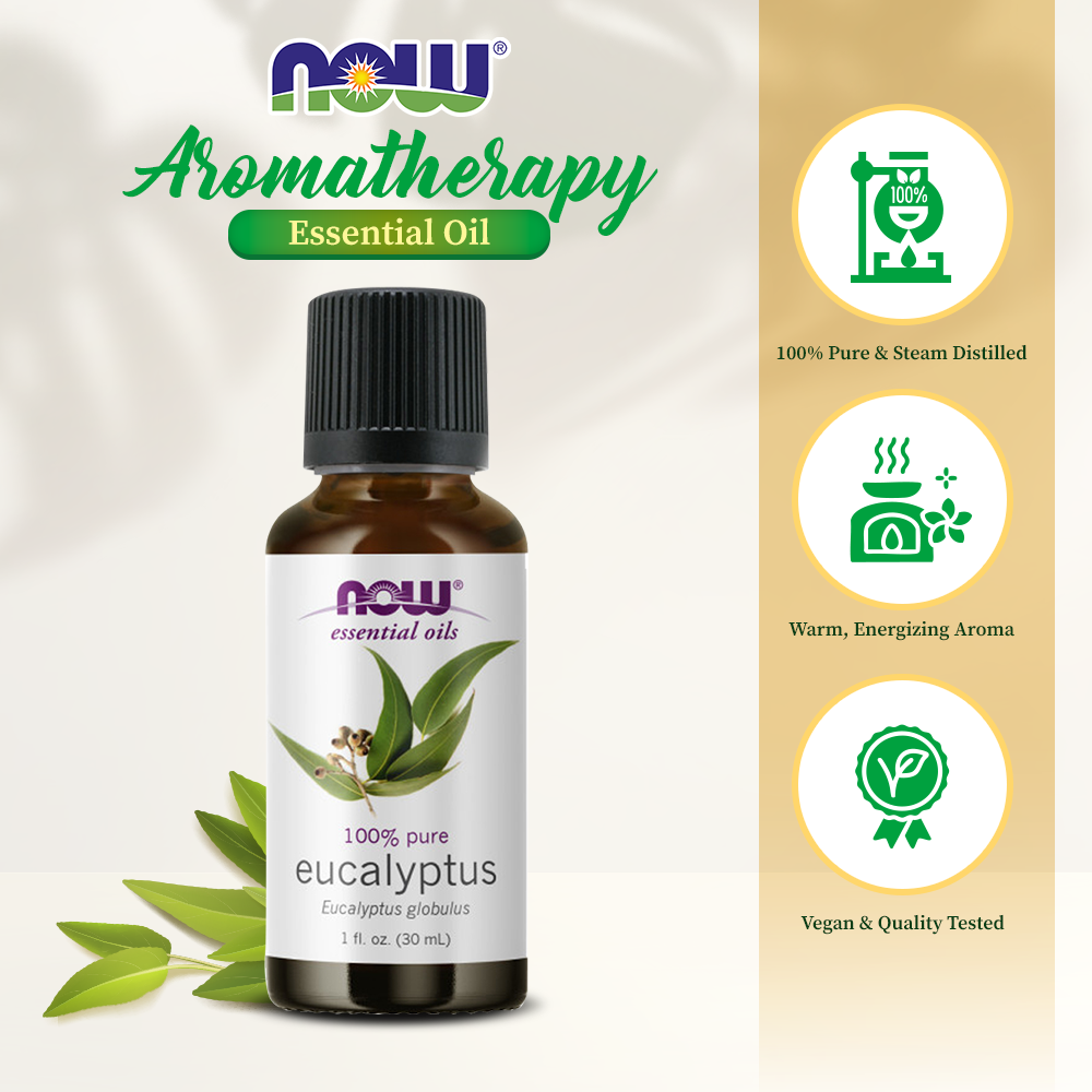 NOW FOODS Essential Oils, Eucalyptus Oil, Clarifying Aromatherapy Scent, Steam Distilled, 100% Pure, Vegan, Child Resistant Cap, 1-Ounce(30 ml) Essential oils NOW Foods USA