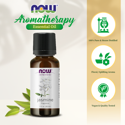NOW FOODS Essential Oils, Jasmine Fragrance, Romantic Aromatherapy Scent, Steam Distilled, 100% Pure, Vegan, Child Resistant Cap, 1-Ounce (30 ml) Essential oils NOW Foods USA