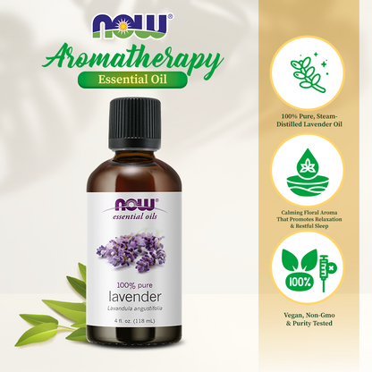NOW Essential Oils, Lavender Oil, Soothing Aromatherapy Scent, Steam Distilled, 100% Pure, Vegan, 4-Ounce (118 ml) Essential oils NOW Foods USA
