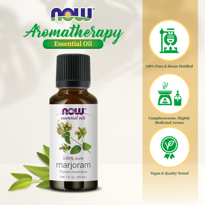 NOW Essential Oils, Marjoram Oil, Normalizing Aromatherapy Scent, Cold Pressed, 100% Pure, Vegan, Child Resistant Cap, 1-Ounce (30ml) Essential oils NOW Foods USA