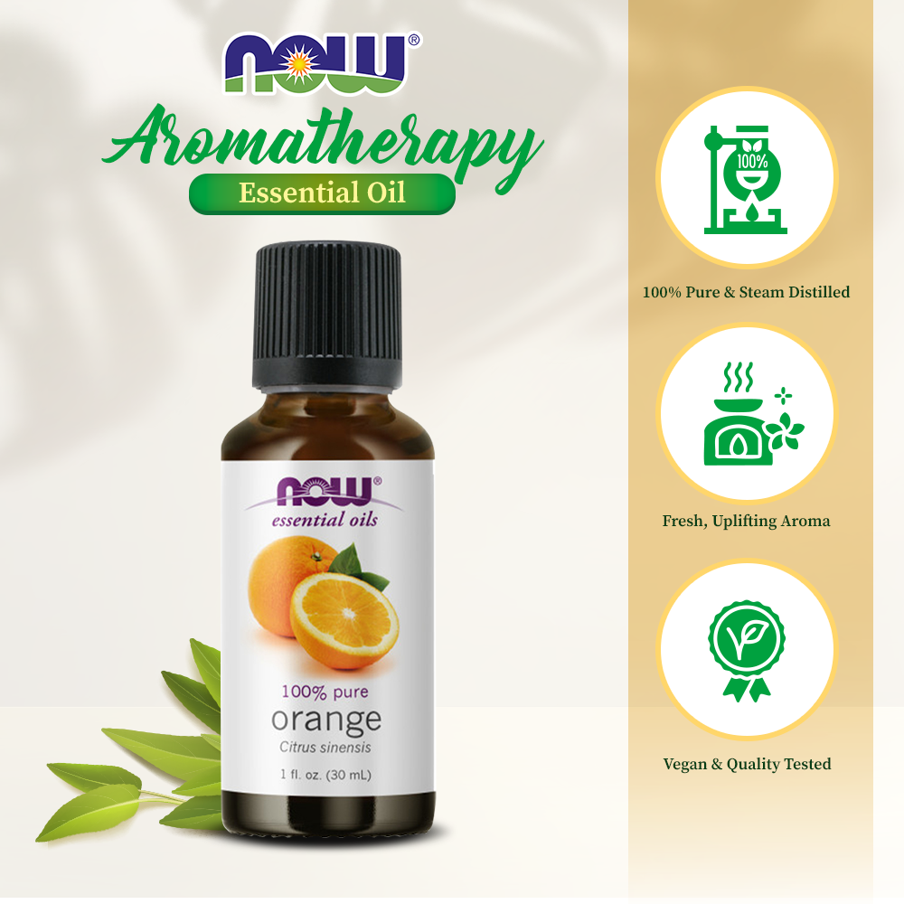 NOW FOODS Essential Oils, Orange Oil, Uplifting Aromatherapy Scent, Cold Pressed, 100% Pure, Vegan, Child Resistant Cap, 1-Ounce(30 ml) Essential oils NOW Foods USA