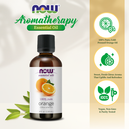 NOW FOODS Essential Oils, Orange Oil, Uplifting Aromatherapy Scent, Cold Pressed, 100% Pure, Vegan, Child Resistant Cap, 4-Ounce (118ml) Essential oils NOW Foods USA