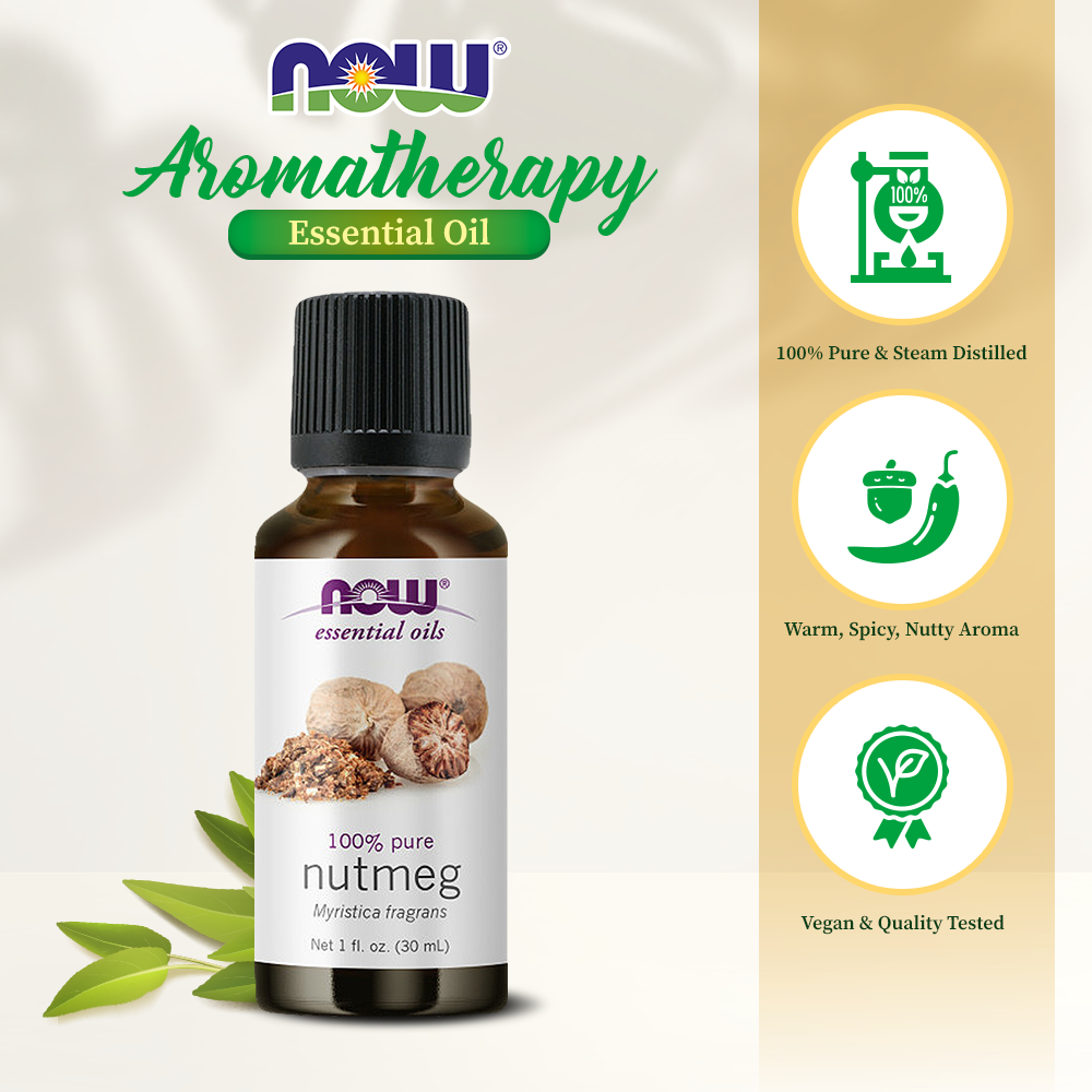 NOW Essential Oils, Nutmeg Oil, Energizing Aromatherapy Scent, Steam Distilled, 100% Pure, Vegan, Child Resistant Cap, 1-Ounce (30ml) Essential oils NOW Foods USA