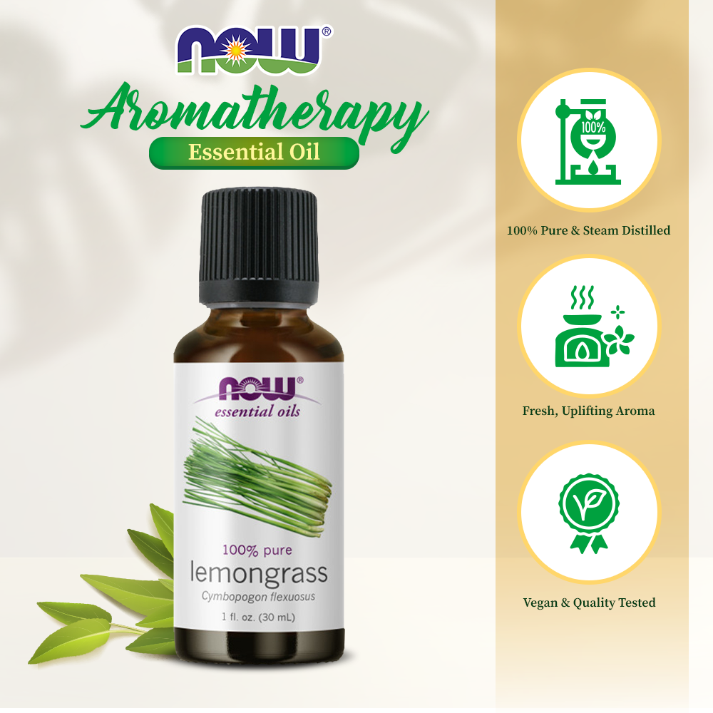NOW FOODS Essential Oils, Lemongrass Oil, Uplifting Aromatherapy Scent, Steam Distilled, 100% Pure, 1-Ounce (30 ml) Essential oils NOW Foods USA