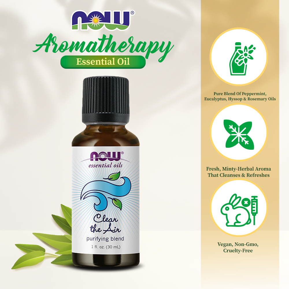 NOW Essential Oils, Clear the Air Oil Blend, Purifying Aromatherapy Scent, Blend of Pure Essential Oils, Steam Distilled, Vegan, Child Resistant Cap, 1-Ounce (30ml) Essential oils NOW Foods USA