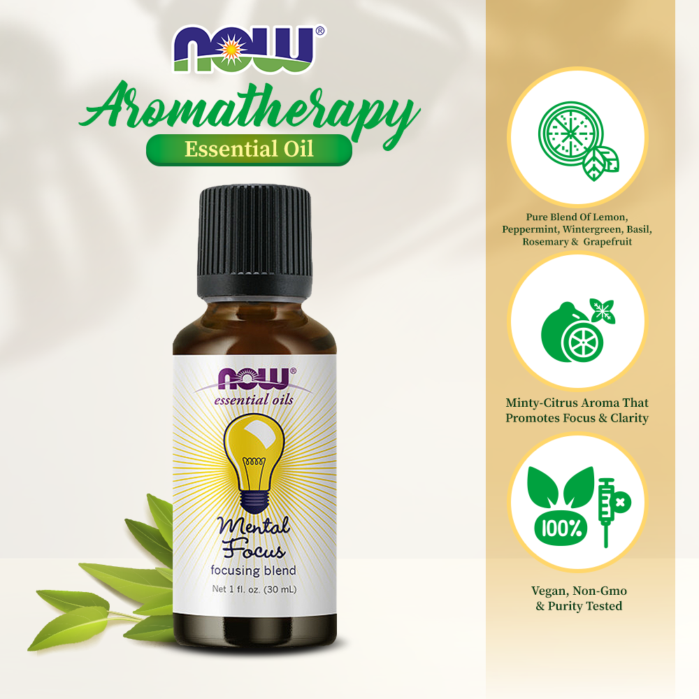 NOW Essential Oils, Mental Focus Oil Blend, Centering Aromatherapy Scent, Blend of Pure Essential Oils, Vegan, Child Resistant Cap, 1-Ounce (30ml) Essential oils NOW Foods USA