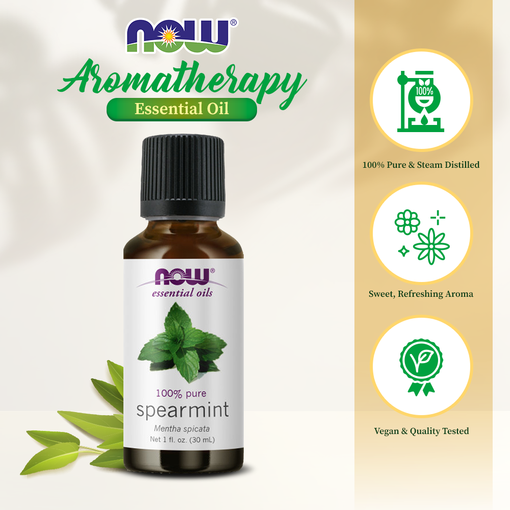 NOW FOODS Essential Oils, Spearmint Oil, Stimulating Aromatherapy Scent, Steam Distilled, 100% Pure, Vegan, Child Resistant Cap, 1-Ounce (30 ml) Essential oils NOW Foods USA