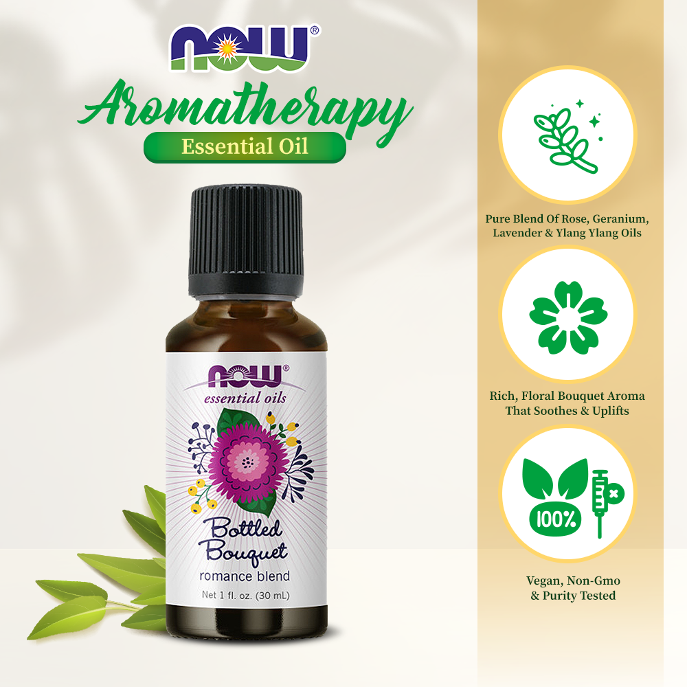 NOW Essential Oils, Bottled Bouquet Oil Blend, Floral Aromatherapy Scent, Blend of Pure Essential Oils, Vegan, Child Resistant Cap, 1-Ounce (30ml) Essential oils NOW Foods USA