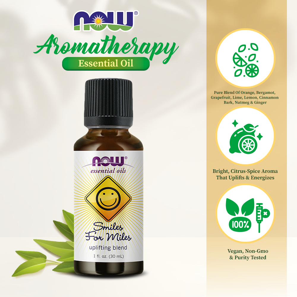 NOW Essential Oils, Smiles for Miles Aromatherapy Blend, Refreshing Aromatherapy Scent, Blend of Pure Essential Oils, Vegan, Child Resistant Cap, 1-Ounce (30ml) Essential oils NOW Foods USA