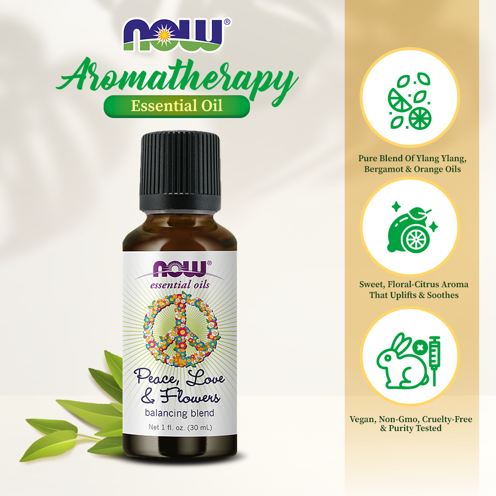 NOW Essential Oils, Peace, Love and Flowers, Sweet Floral Aromatherapy Scent, Blend of Pure Essential Oils, Vegan, Child Resistant Cap, 1-Ounce (30ml) Essential oils NOW Foods USA
