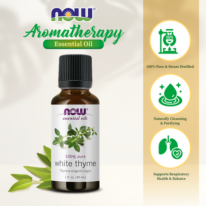 NOW Essential Oils, White Thyme Oil, Empowering Aromatherapy Scent, Steam Distilled, 100% Pure, Vegan, Child Resistant Cap, 1-Ounce (30ml) Essential oils NOW Foods USA