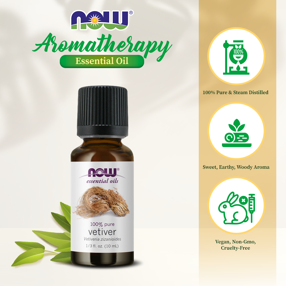 NOW Essential Oils, Vetiver Oil, Woodsy Aromatherapy Scent, Steam Distilled, 100% Pure, Child Resistant Cap, (10ml) Essential oils NOW Foods USA