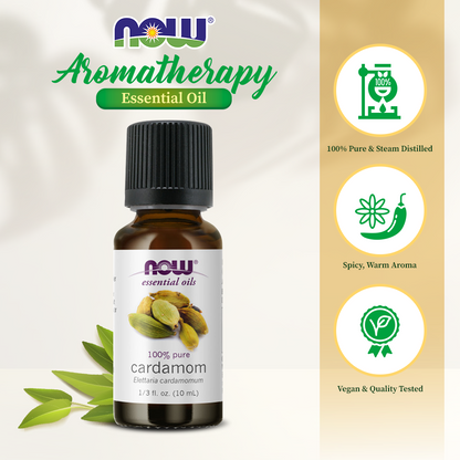 NOW Essential Oils, Cardamom Oil, Spicy and Warm Aromatherapy Scent, 100% Pure, Steam Distilled, (10ml) Essential oils NOW Foods USA