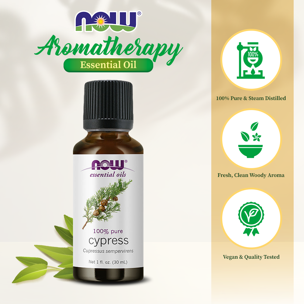 NOW Essential Oils, Cypress Oil, Balancing Aromatherapy Scent, Steam Distilled, 100% Pure, Vegan, Child Resistant Cap, 1-Ounce (30ml) Essential oils NOW Foods USA