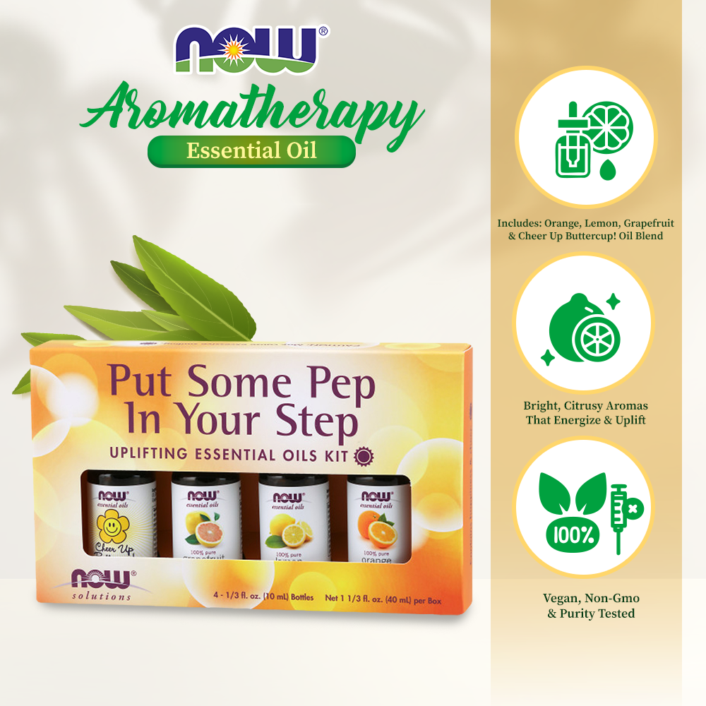 NOW Put Some Pep in Your Step Uplifting Aromatherapy Kit, 4x10ml Incl Orange Oil, Lemon Oil, Grapefruit Oil and Cheer Up Buttercup Oil Blend Essential oils NOW Foods USA
