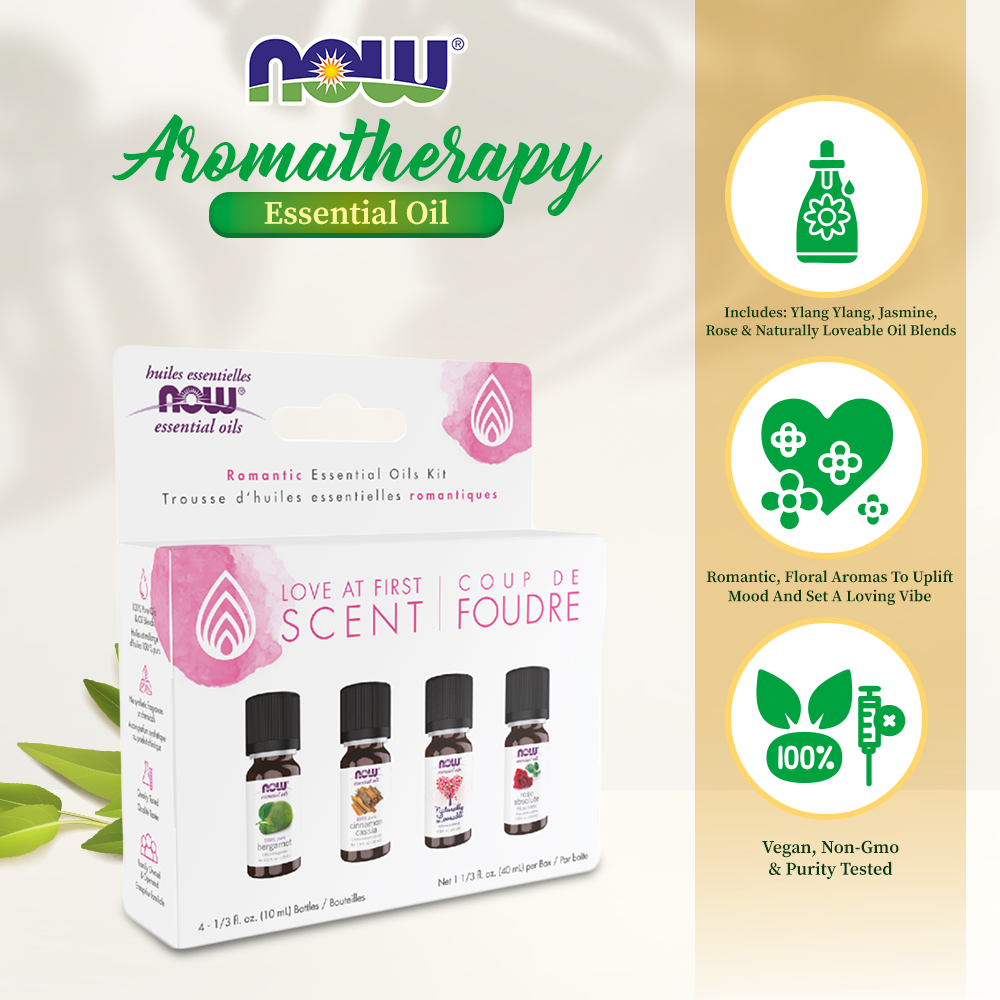 NOW Essential Oils, Love at First Scent Aromatherapy Kit, 4x10ml Including Bergamot, Cinnamon Cassia, Rose Absolute and our Naturally Loveable Essential Oil Blend With Child Resistant Caps Essential oils NOW Foods USA