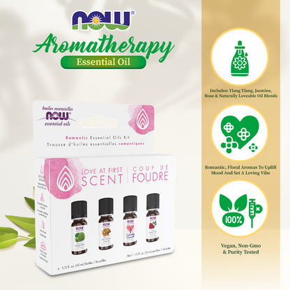 NOW Essential Oils, Love at First Scent Aromatherapy Kit, 4x10ml Including Bergamot, Cinnamon Cassia, Rose Absolute and our Naturally Loveable Essential Oil Blend With Child Resistant Caps Essential oils NOW Foods USA