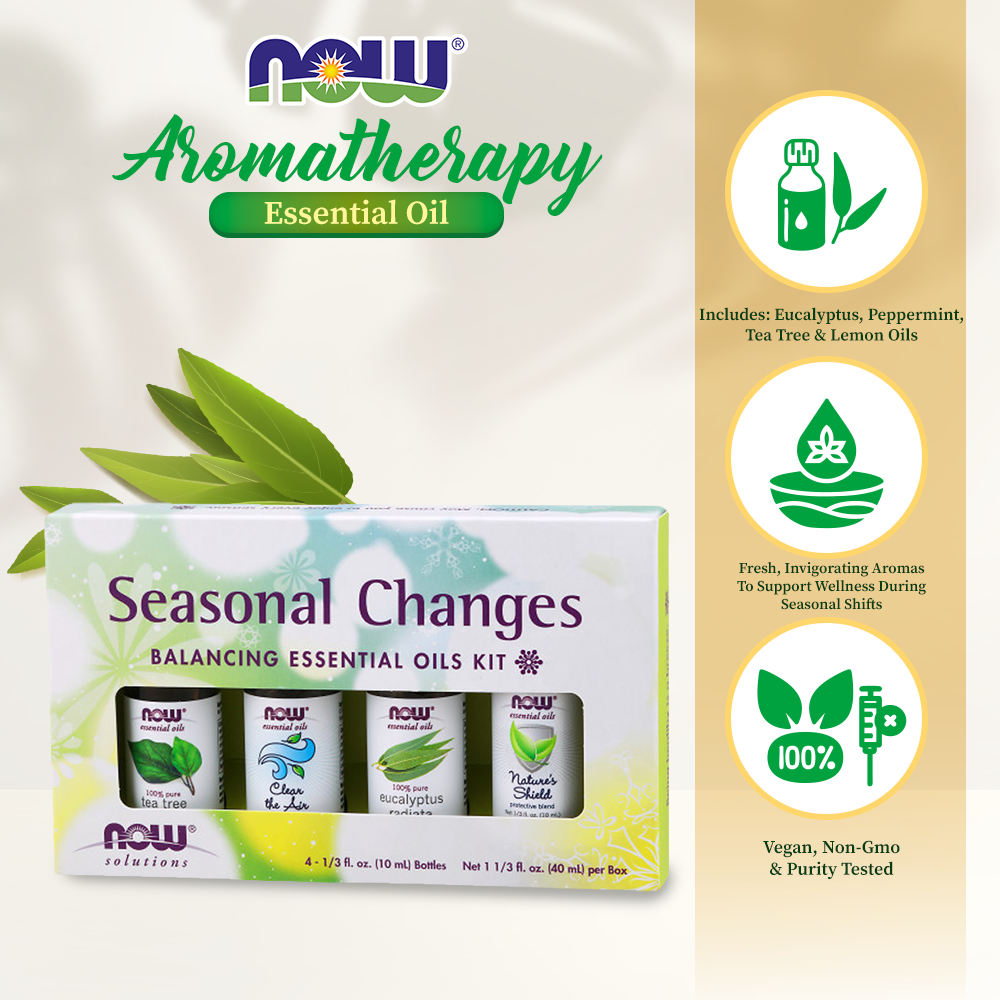 NOW Seasonal Changes Balancing Aromatherapy Kit, 4x10ml Incl Tea Tree, Eucalyptus Radiata, Clear the Air and Nature&