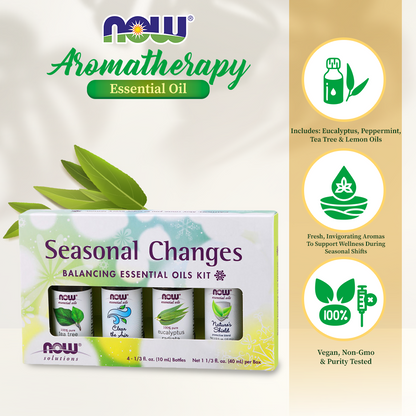NOW Seasonal Changes Balancing Aromatherapy Kit, 4x10ml Incl Tea Tree, Eucalyptus Radiata, Clear the Air and Nature&