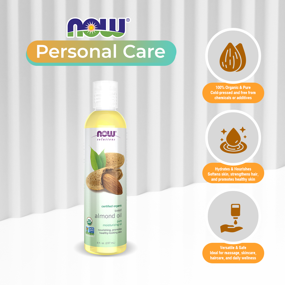 NOW Solutions, Organic Sweet Almond Oil, 100% Pure Moisturizing Oil, Promotes Healthy-Looking Skin, Unscented Oil, 8-Ounce (237ml)