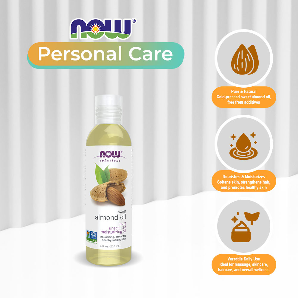 NOW Solutions, Sweet Almond Oil, 100% Pure Moisturizing Oil, Promotes Healthy-Looking Skin, Unscented Oil, 4-Ounce (118ml) Personal Care NOW Foods USA