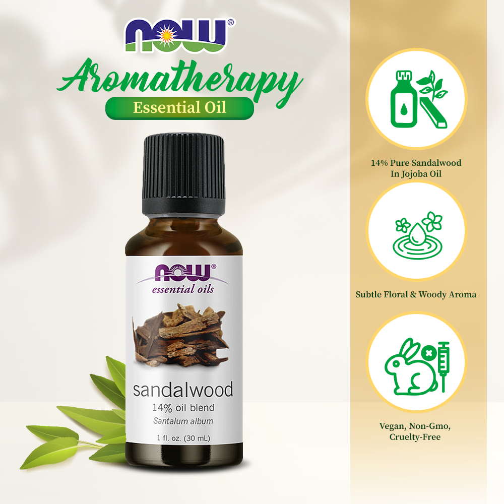 NOW Essential Oils, Sandalwood Oil, 14% Blend of Pure Sandalwood Oil in Pure Jojoba Oil, Grounding Essential Aromatherapy, 1-Ounce (30ml) Essential oils NOW Foods USA