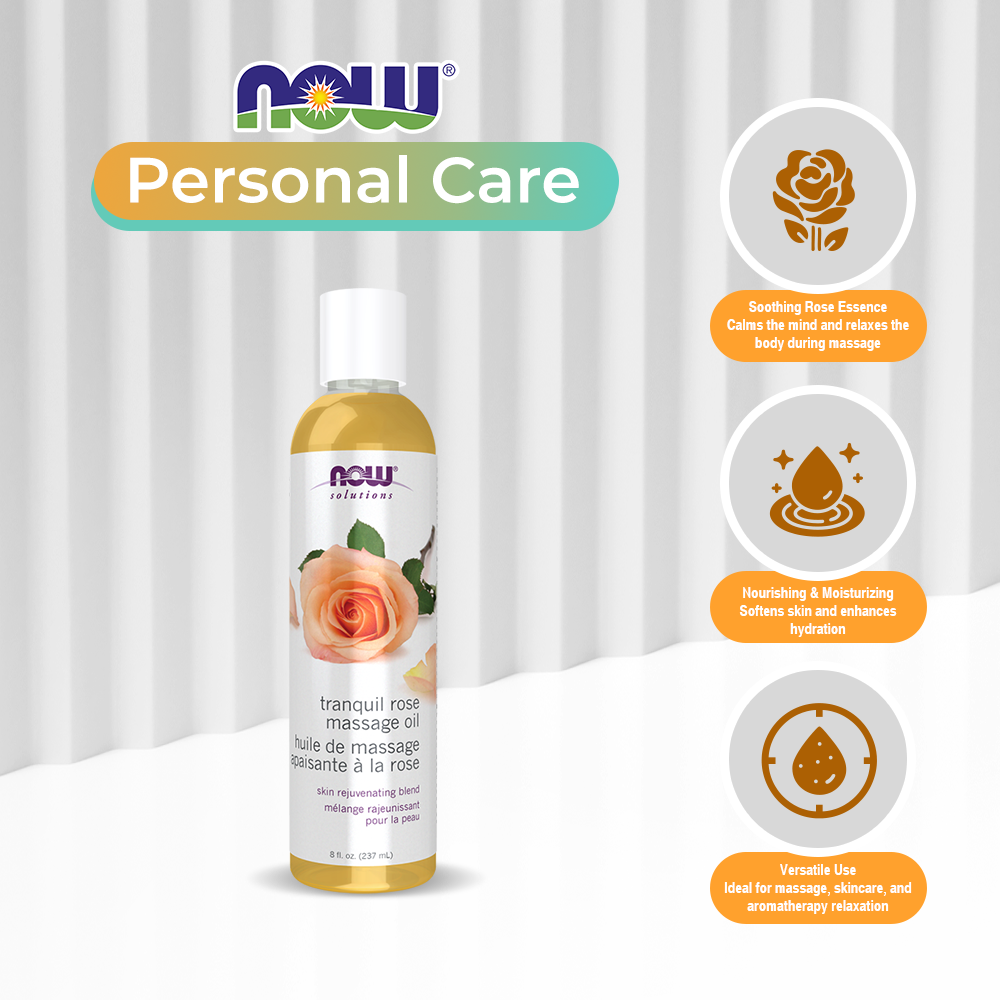 NOW Solutions, Tranquil Rose Massage Oil, Body Moisturizer for Dry Sensitive Skin, Promotes Healthy-Looking Skin, 8-Ounce (237 ml)