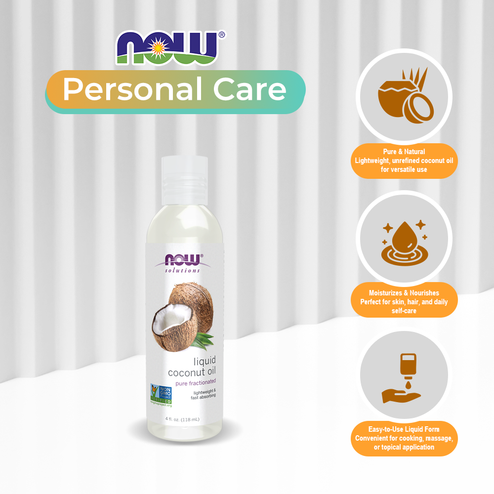 NOW Solutions, Liquid Coconut Oil, Light and Nourishing, Promotes Healthy-Looking Skin and Hair, 4-Ounce (118 ml)