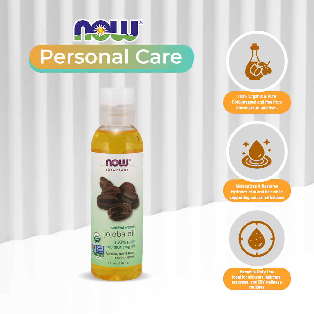 NOW Solutions, Organic Jojoba Oil, Moisturizing Multi-Purpose Oil for Face, Hair and Body, 4-Ounce (118ml)