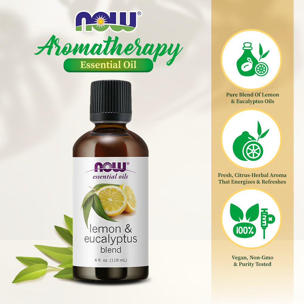NOW FOODS Essential Oils, Lemon &amp; Eucalyptus Oil Blend, Invigorating Aromatherapy Scent, Blend of Pure Lemon Oil and Pure Eucalyptus Oil, Vegan, Child Resistant Cap, 4-Ounce (118 ml) Essential oils NOW Foods USA