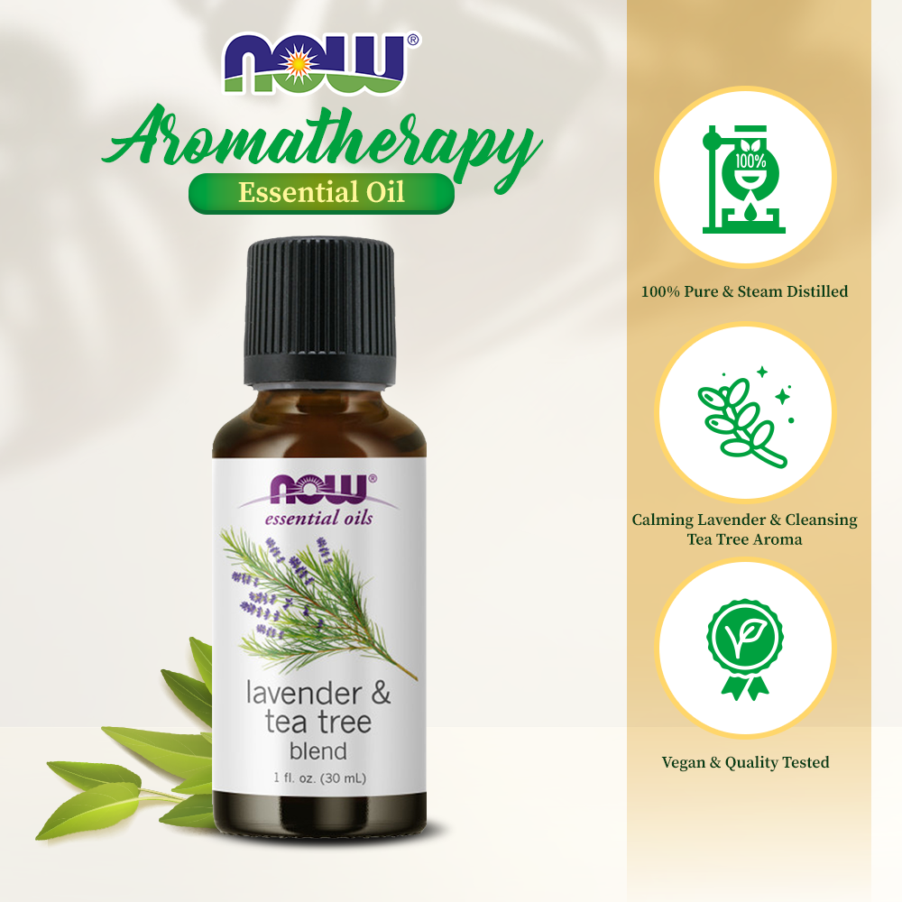 lavender tea tree oil blend NOW FOODS Lavender & Tea Tree Oil, Stimulating Aromatherapy Scent, Blend of Pure Lavender Oil and Pure Tea Tree Oil, Vegan, (30 ml)